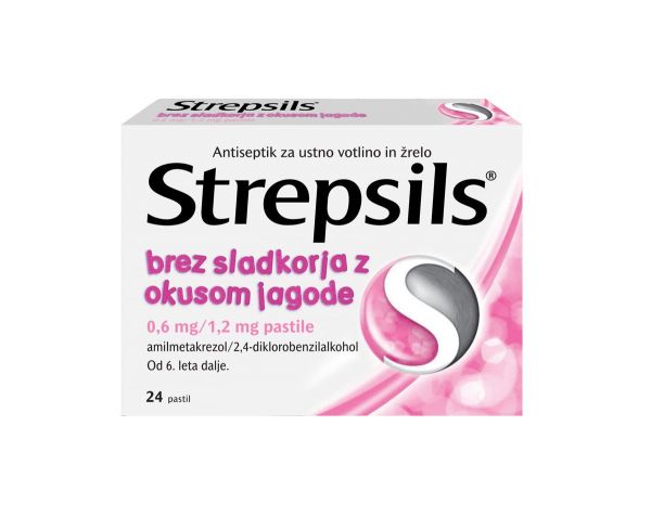 Strepsils® brez sladkorja z okusom jagode 0,6 mg/1,2 mg pastile